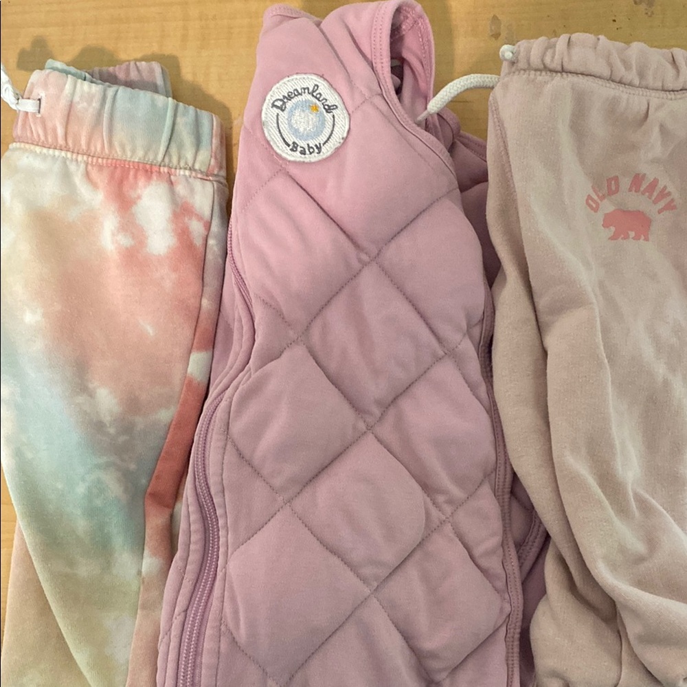 Dreamland baby sleep sack paired with Old Navy and Gap Kids Pink Joggers.